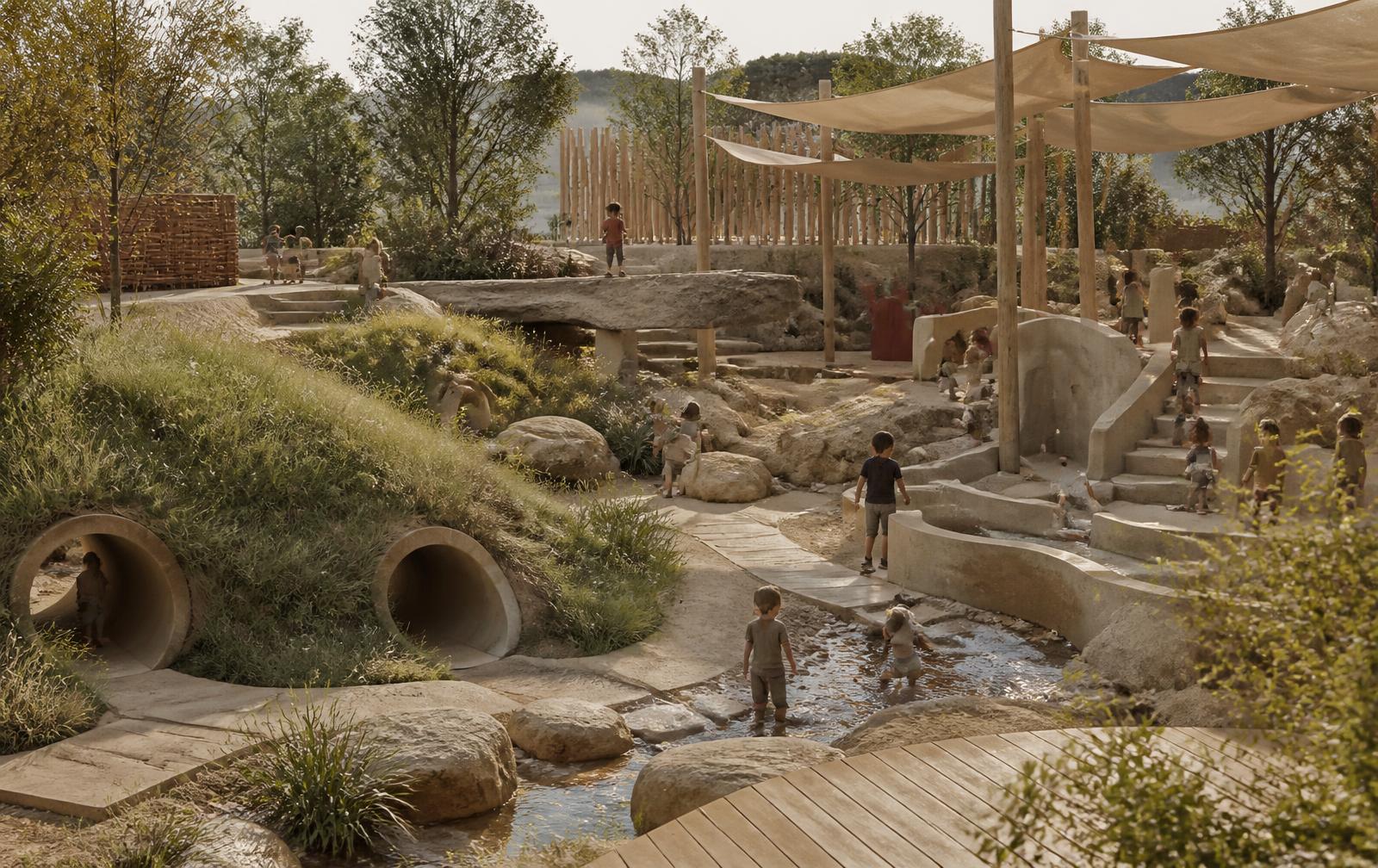 A nature-based playground shaped by earth, water, timber and fabric